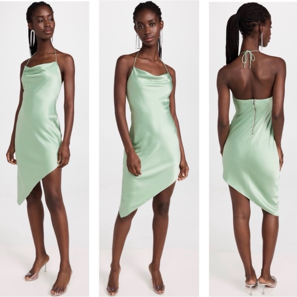 Alice + Olivia Harmony Drapey Asymmetrical Midi Cowl Slip Dress in Light Sage - Picture 15 of 15